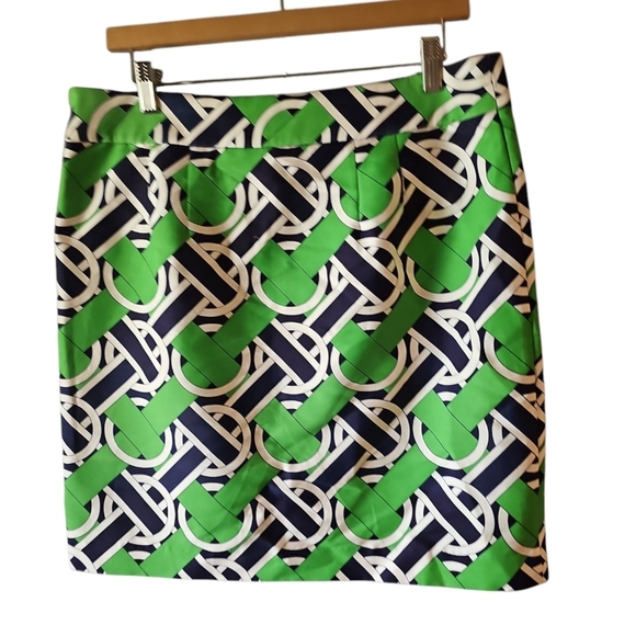 Elizabeth McKay Navy Green Patterned Silk Preppy Skirt Sz 10 WSK133 - Picture 3 of 8